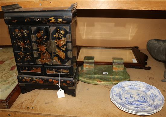Fret mirror, Chinese lacquer cabinet, pen stand etc.